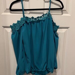 Nicole Miller Teal Lace Trim Off the Shoulder Women's Top